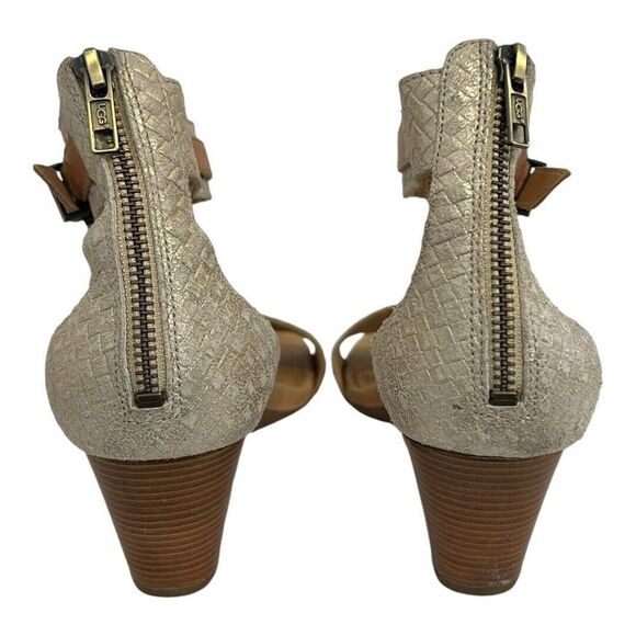 UGG Womens Size 9 Char Leather Ankle Strap Kitten Wedges in Gold - Picture 6 of 8